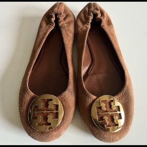 Tory Burch Reva Brown Suede w/ gold hardware Ballerina Flat, size 6 1/2 M